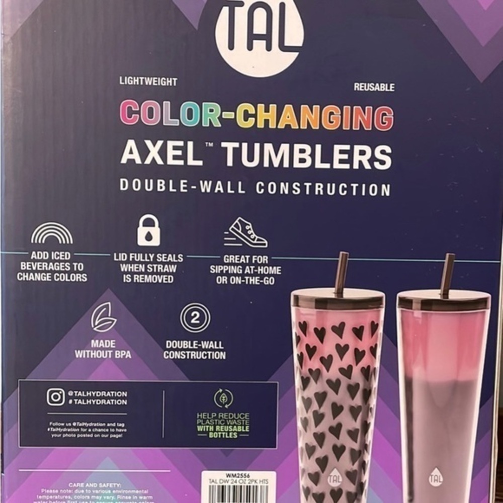 TAL 2-pack Color Changing Axel Tumblers 24 oz Valentines Tumblers Black Hearts - Picture 7 of 10